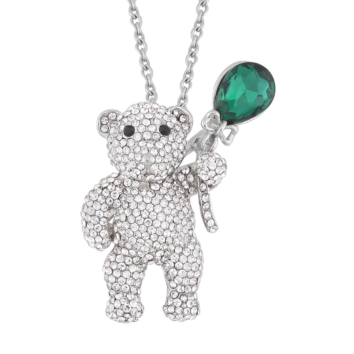 Green Glass, White and Black Austrian Crystal Teddy Bear Brooch or Pendant Necklace 24 Inches in Tri-tone image number 0