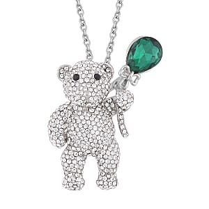 Green Glass, White and Black Austrian Crystal Teddy Bear Brooch or Pendant Necklace 24 Inches in Tri-tone