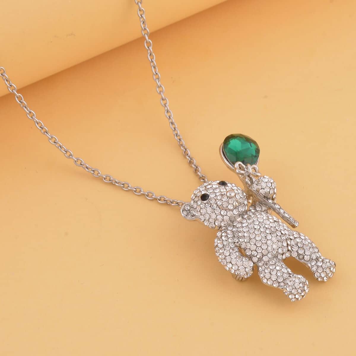 Green Glass, White and Black Austrian Crystal Teddy Bear Brooch or Pendant Necklace 24 Inches in Tri-tone image number 1