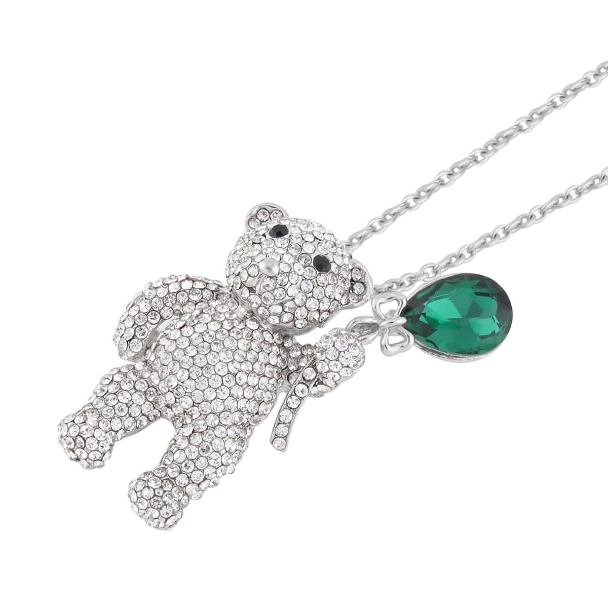 Green Glass, White and Black Austrian Crystal Teddy Bear Brooch or Pendant Necklace 24 Inches in Tri-tone image number 2