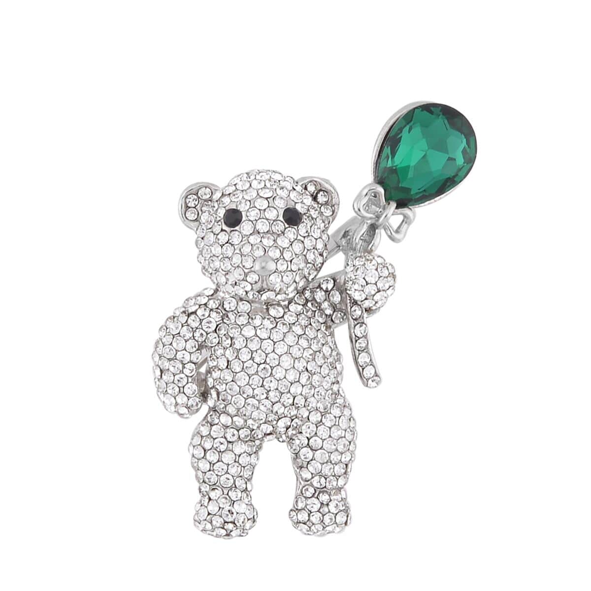 Green Glass, White and Black Austrian Crystal Teddy Bear Brooch or Pendant Necklace 24 Inches in Tri-tone image number 5