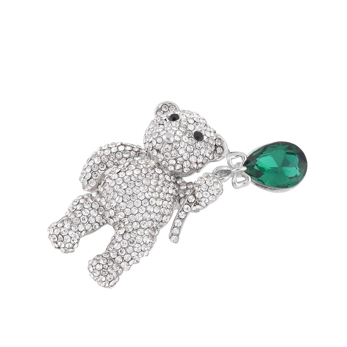 Green Glass, White and Black Austrian Crystal Teddy Bear Brooch or Pendant Necklace 24 Inches in Tri-tone image number 6
