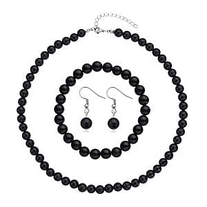 Black Obsidian 104.00 ctw Set Earrings, Bracelet (7.50 In) and Necklace (18-20 Inches) in Stainless Steel