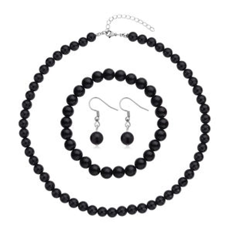 Black Obsidian 104.00 ctw Set Earrings, Bracelet (7.50 In) and Necklace (18-20 Inches) in Stainless Steel