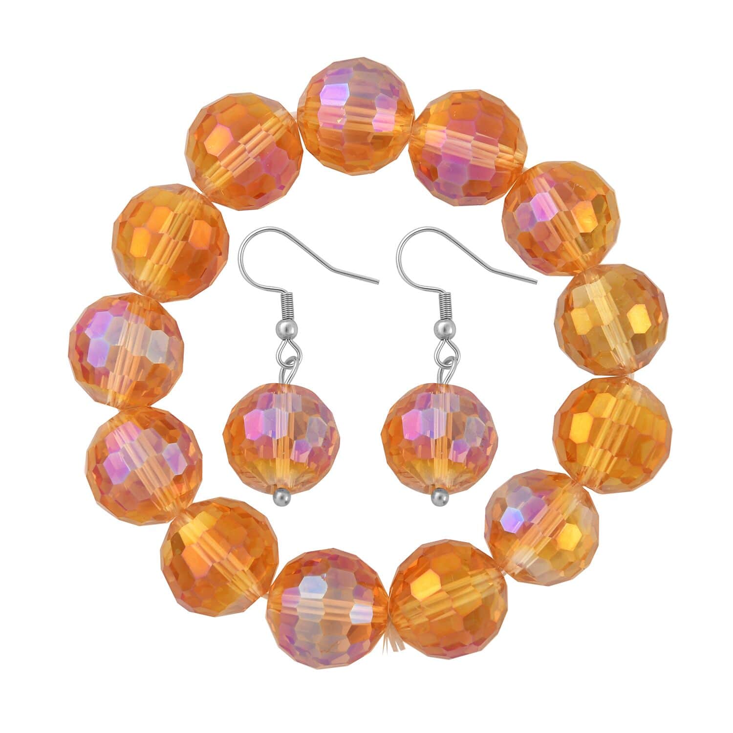 Buy Orange Color Glass Beaded Stretch Bracelet and Dangle Earrings