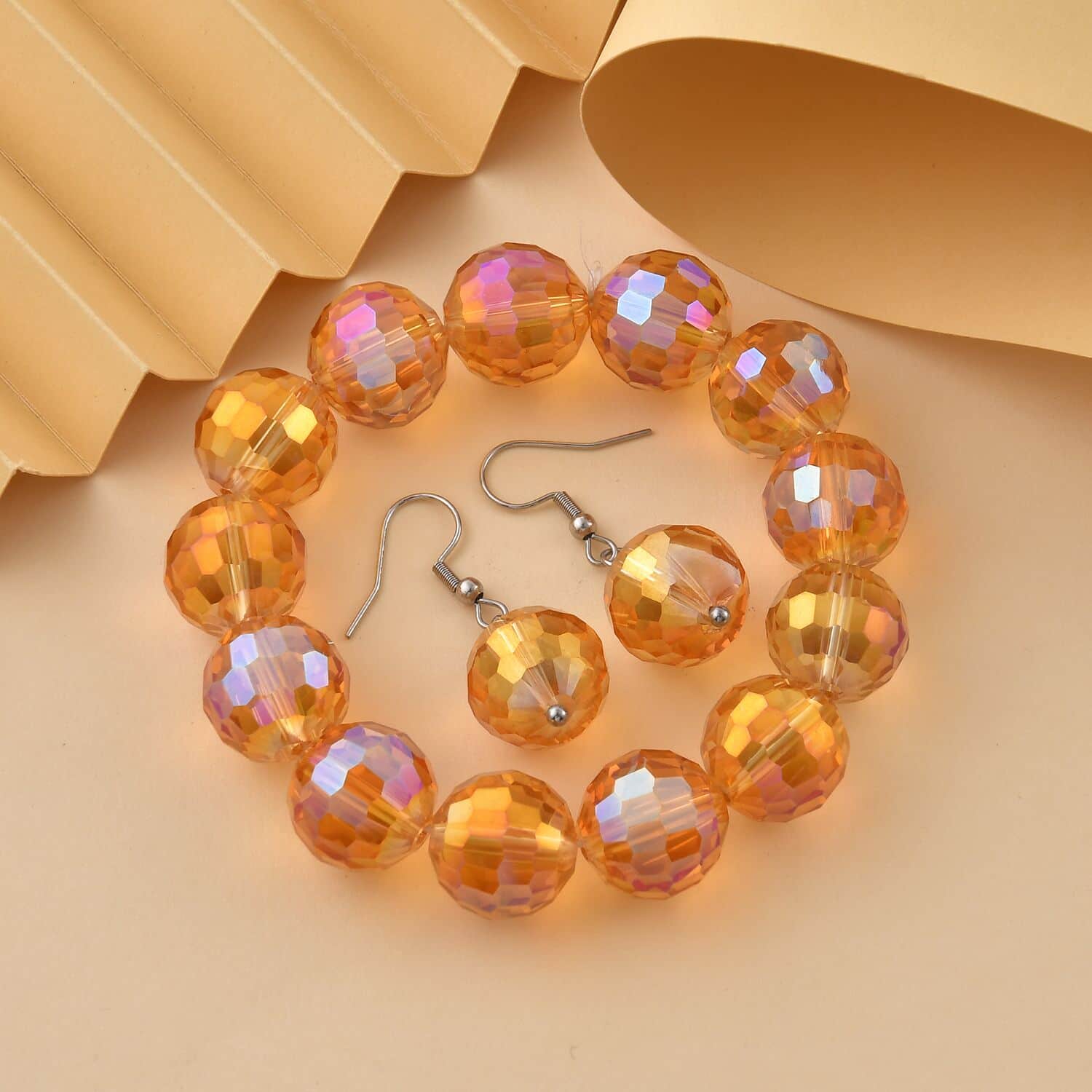 Buy Orange Color Glass Beaded Stretch Bracelet and Dangle Earrings