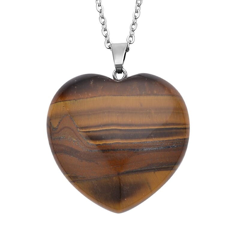 Yellow Tiger's Eye Heart Pendant Necklace (20 Inches) in Stainless Steel 75.00 ctw | Tarnish-Free, Waterproof, Sweat Proof Jewelry