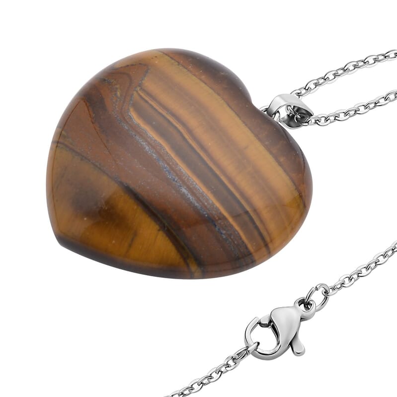 Yellow Tiger's Eye Heart Pendant Necklace (20 Inches) in Stainless Steel 75.00 ctw | Tarnish-Free, Waterproof, Sweat Proof Jewelry