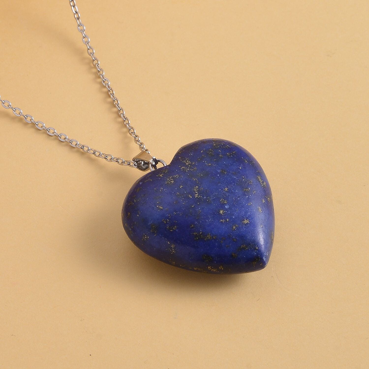 Lapis Lazuli Heart Pendant Necklace 20 Inches in Stainless Steel 75.00 ctw