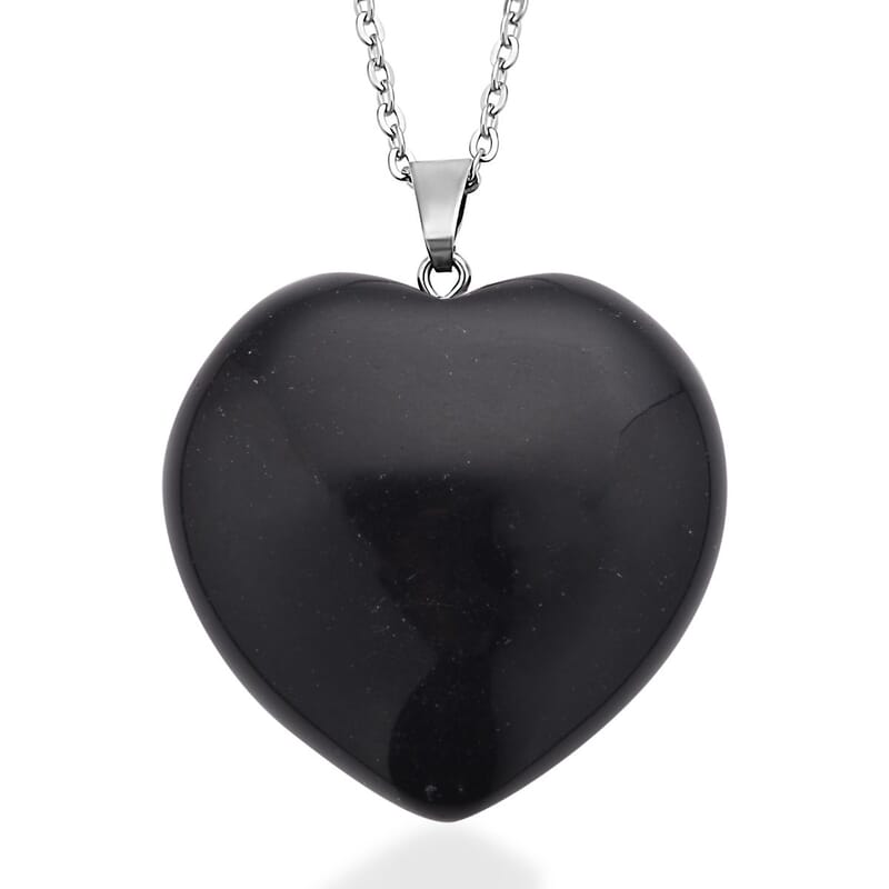 Black Obsidian Heart Pendant Necklace 20 Inches in Stainless Steel 75.00 ctw