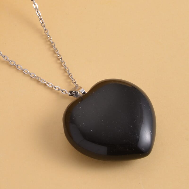 Black Obsidian Heart Pendant Necklace 20 Inches in Stainless Steel 75.00 ctw