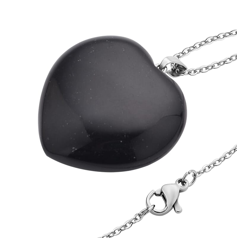 Black Obsidian Heart Pendant Necklace 20 Inches in Stainless Steel 75.00 ctw