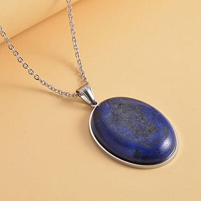 Lapis Lazuli (Ovl 40x30 mm) Solitaire Pendant Necklace (20 Inches) in Stainless Steel 85.00 ctw | Tarnish-Free, Waterproof, Sweat Proof Jewelry
