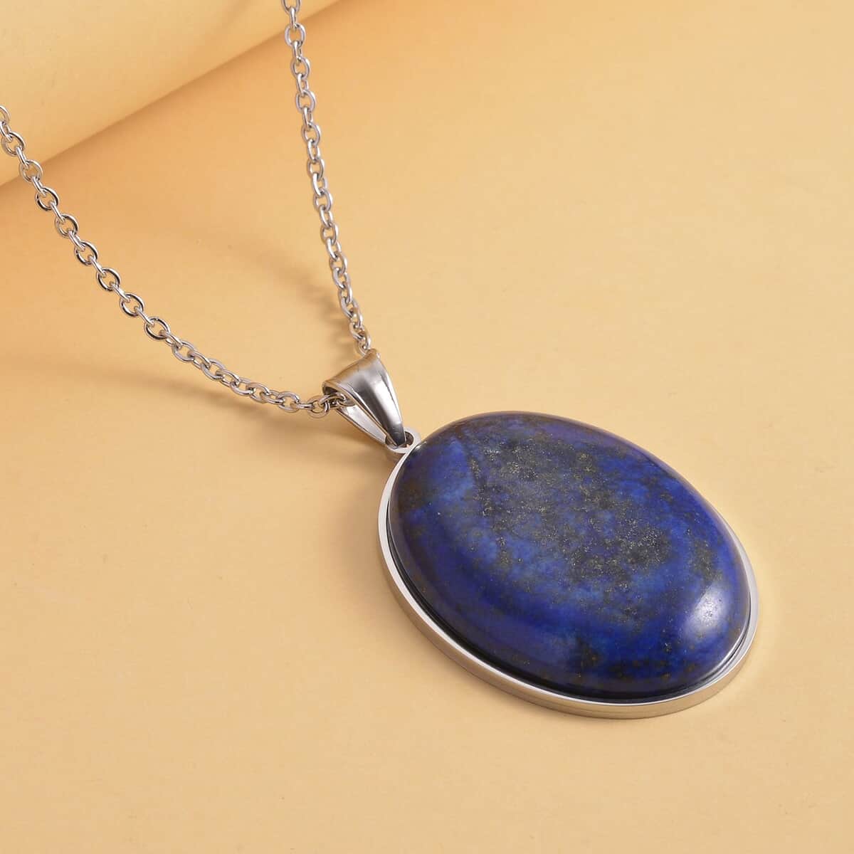 Lapis Lazuli (Ovl 40x30 mm) Solitaire Pendant Necklace (20 Inches) in Stainless Steel 85.00 ctw | Tarnish-Free, Waterproof, Sweat Proof Jewelry image number 1