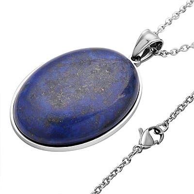 Lapis Lazuli (Ovl 40x30 mm) Solitaire Pendant Necklace (20 Inches) in Stainless Steel 85.00 ctw | Tarnish-Free, Waterproof, Sweat Proof Jewelry