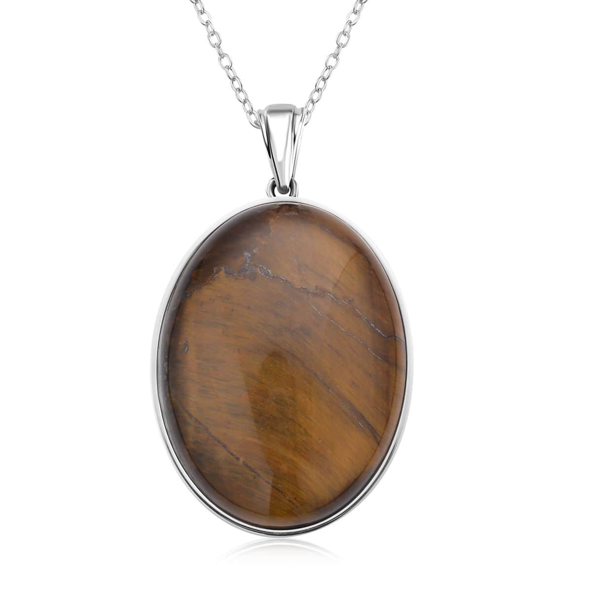 Yellow Tiger's Eye Solitaire Pendant Necklace 20 Inches in Stainless Steel 85.00 ctw image number 0