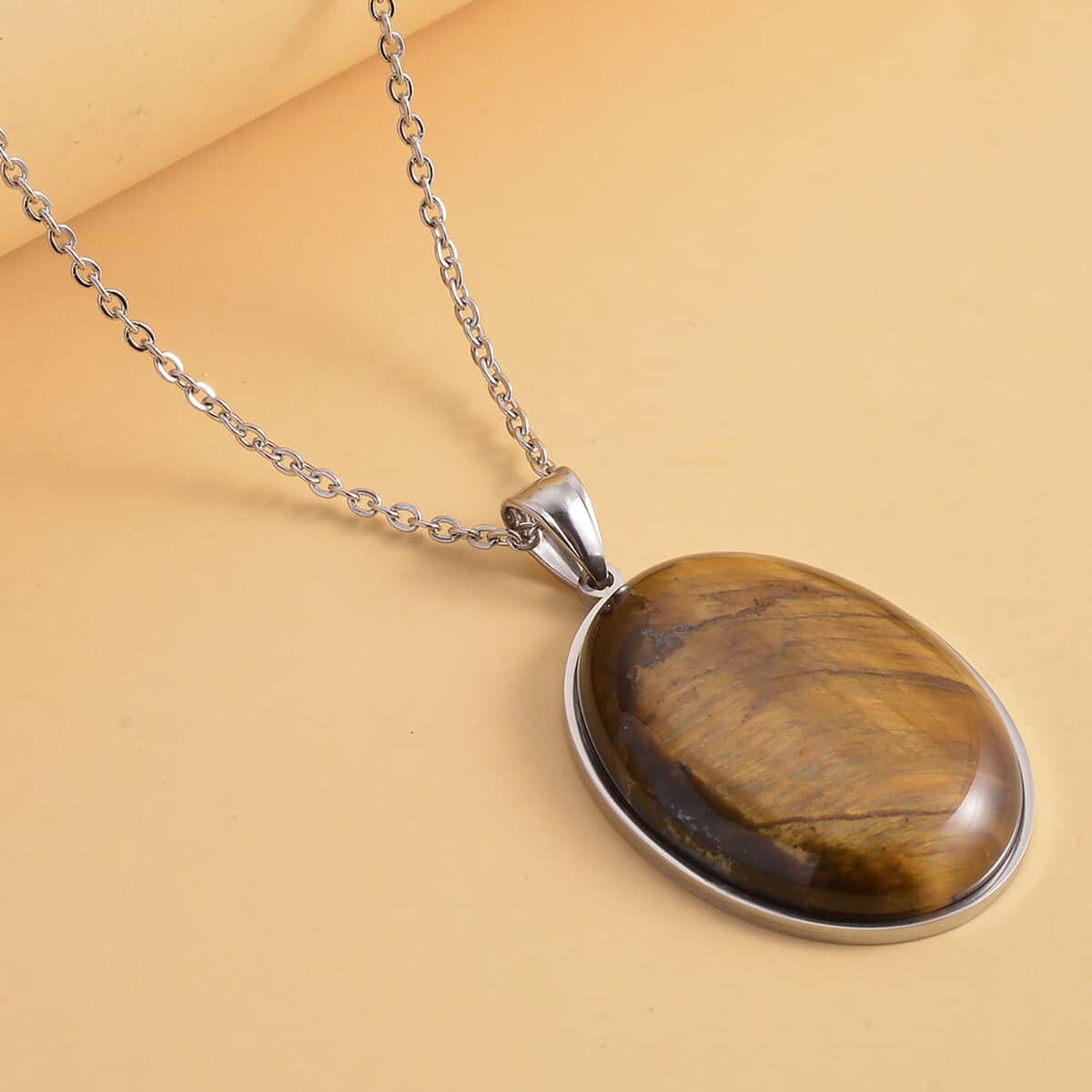 Yellow Tiger's Eye Solitaire Pendant Necklace 20 Inches in Stainless Steel 85.00 ctw image number 1