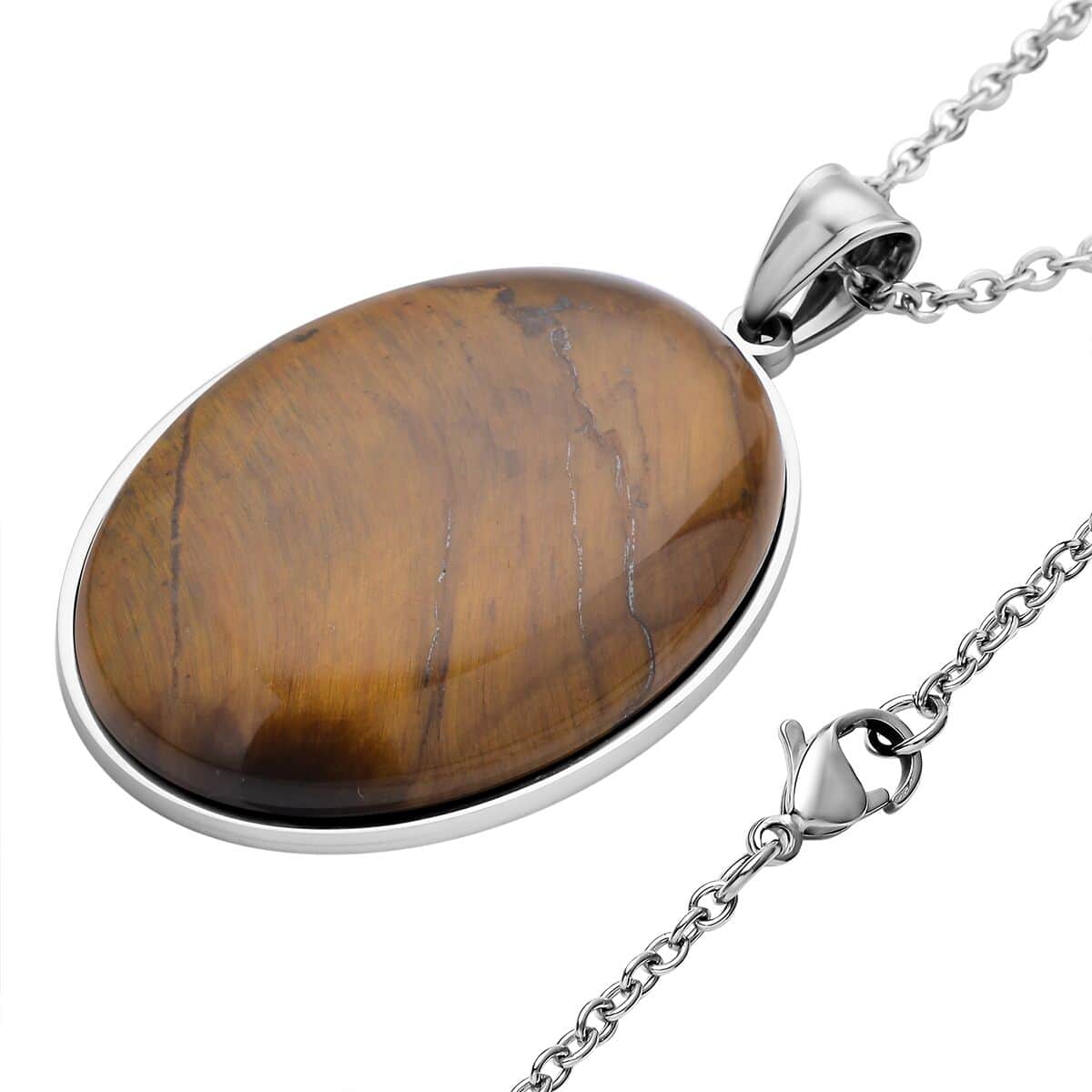 Yellow Tiger's Eye Solitaire Pendant Necklace 20 Inches in Stainless Steel 85.00 ctw image number 3