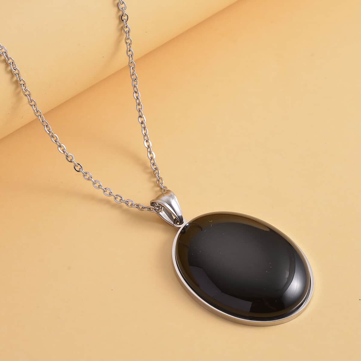 Black Agate Solitaire Pendant Necklace 20 Inches in Stainless Steel 85.00 ctw image number 1