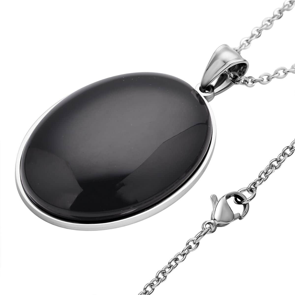 Black Agate Solitaire Pendant Necklace 20 Inches in Stainless Steel 85.00 ctw image number 3