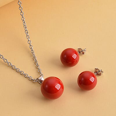Set of 2 - Coral Color Shell Pearl Earrings and Pendant Necklace (20 Inches) in Stainless Steel