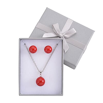 Set of 2 - Coral Color Shell Pearl Earrings and Pendant Necklace (20 Inches) in Stainless Steel