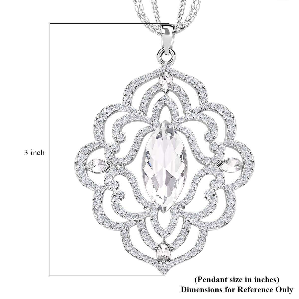 White Glass and Austrian Crystal Pendant Necklace 28-30 Inches in Silvertone image number 3