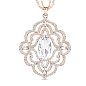 White Glass and Austrian Crystal Pendant Necklace 28-30 Inches in Rosetone