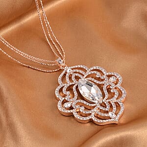 White Glass and Austrian Crystal Pendant Necklace 28-30 Inches in Rosetone