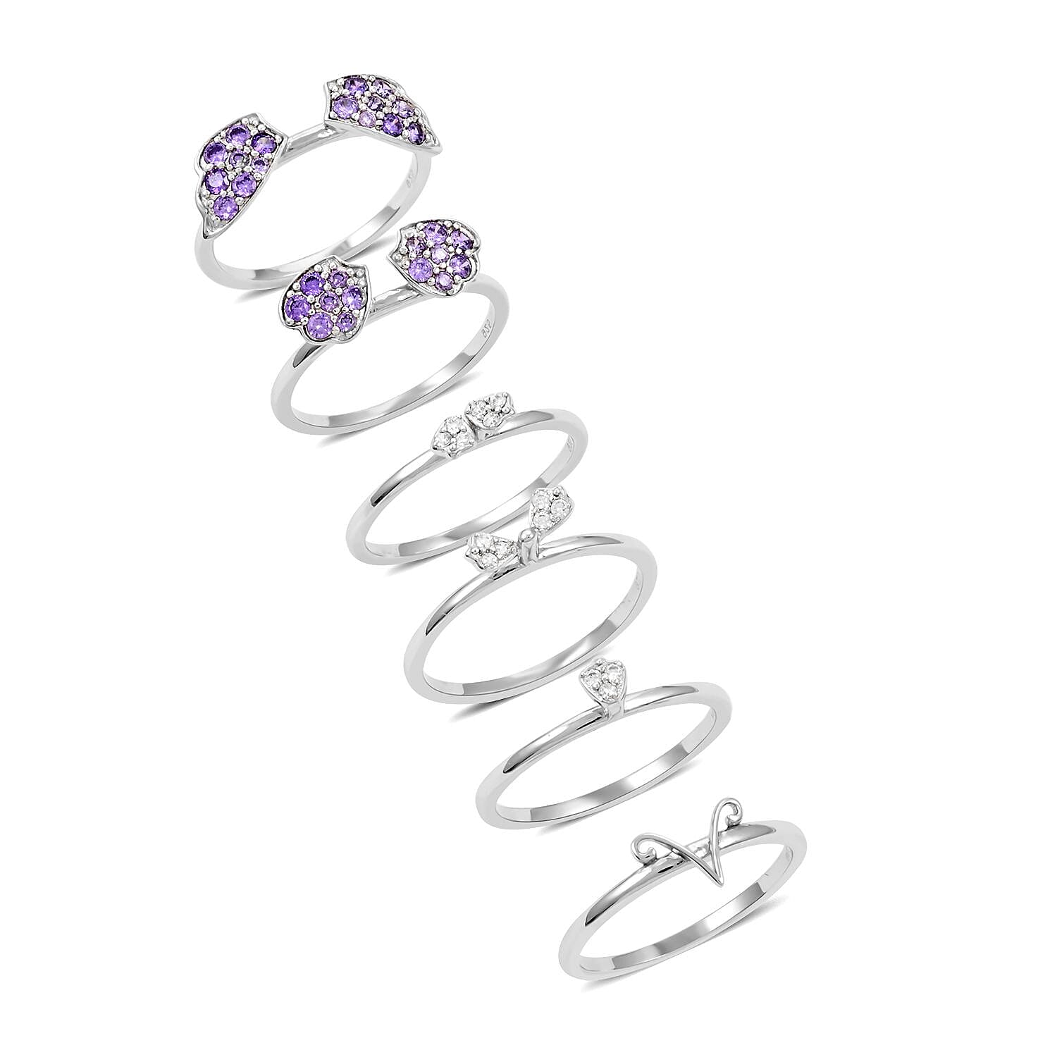 Set of 6 Simulated White and Purple Diamond Butterfly Ring in Rhodium Over Sterling Silver (Size 8) 9.5 Grams 1.75 ctw