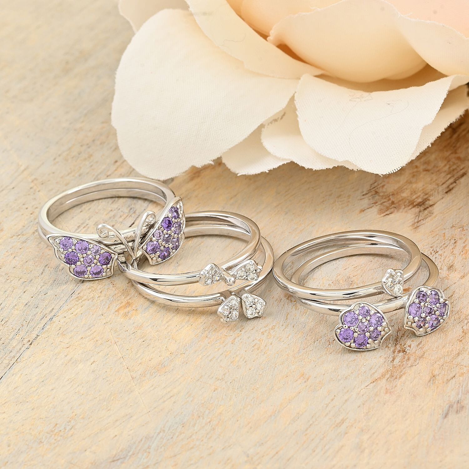 Set of 6 Simulated White and Purple Diamond Butterfly Ring in Rhodium Over Sterling Silver (Size 8) 9.5 Grams 1.75 ctw