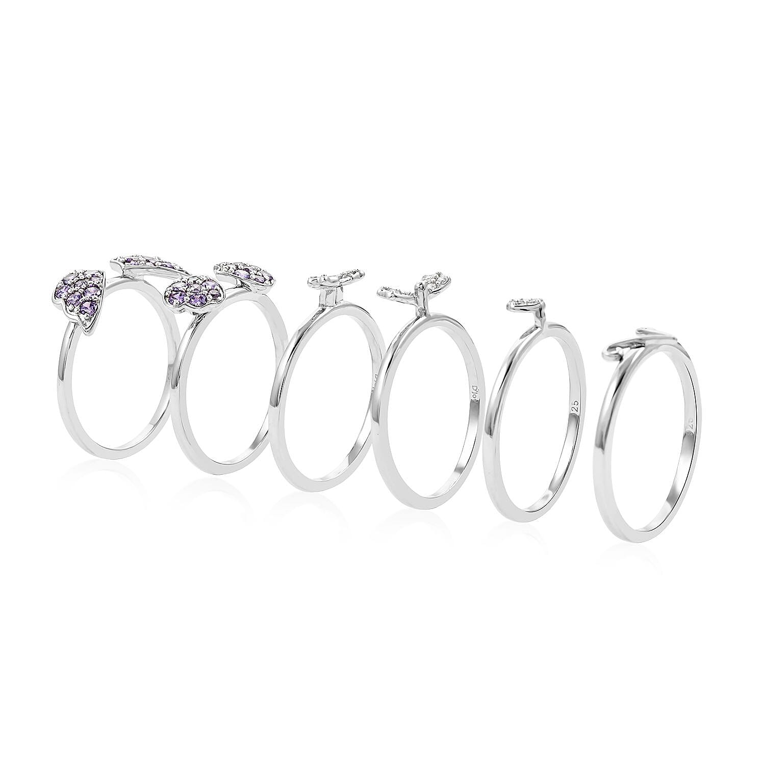 Set of 6 Simulated White and Purple Diamond Butterfly Ring in Rhodium Over Sterling Silver (Size 8) 9.5 Grams 1.75 ctw