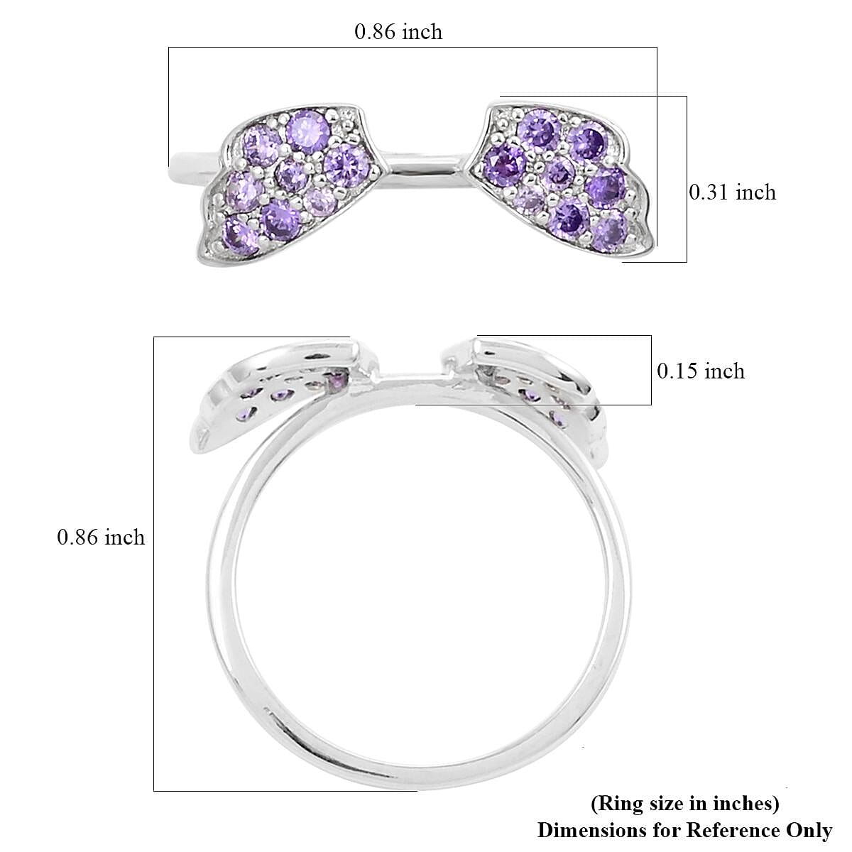 Set of 6 Simulated White and Purple Diamond Butterfly Ring in Rhodium Over Sterling Silver (Size 8) 9.5 Grams 1.75 ctw