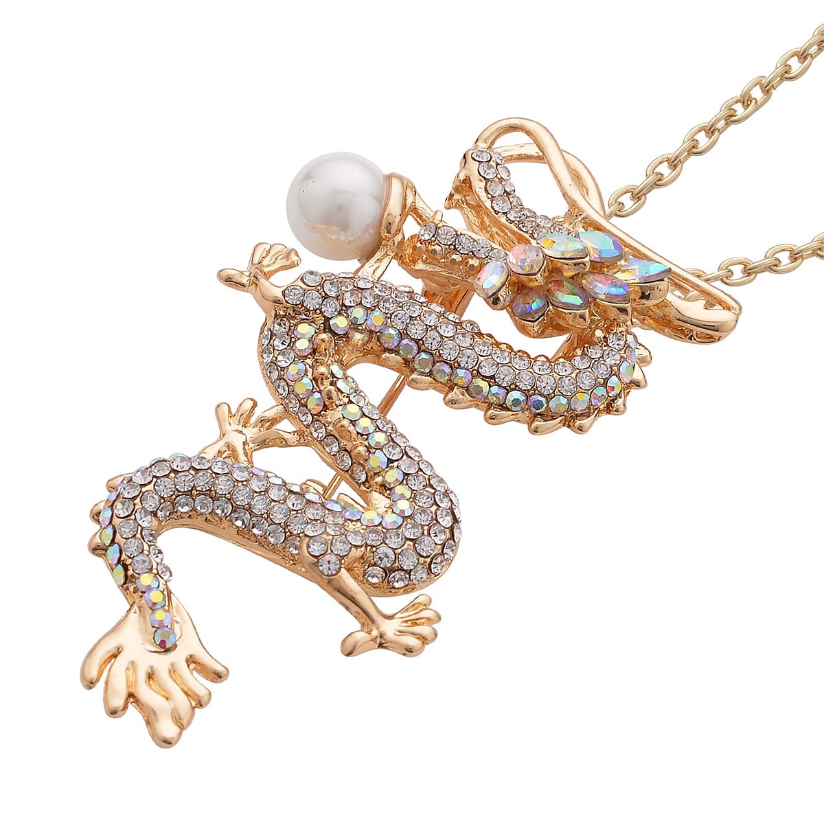 White Austrian Crystal and White Resin Dragon Pendant Necklace 28-30 Inches in Goldtone image number 2