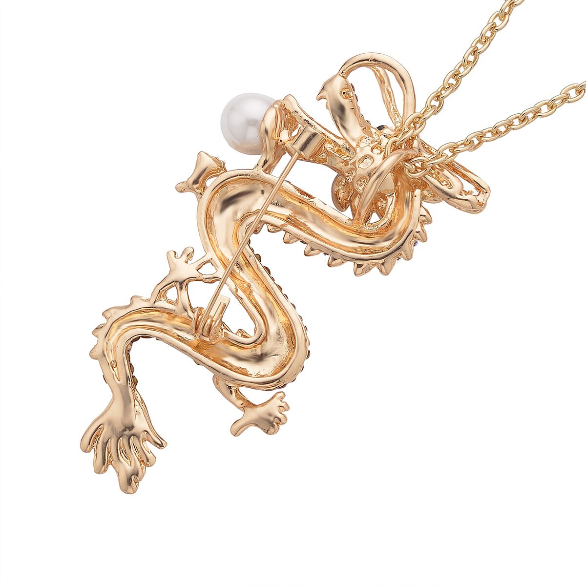 White Austrian Crystal and White Resin Dragon Pendant Necklace 28-30 Inches in Goldtone image number 3