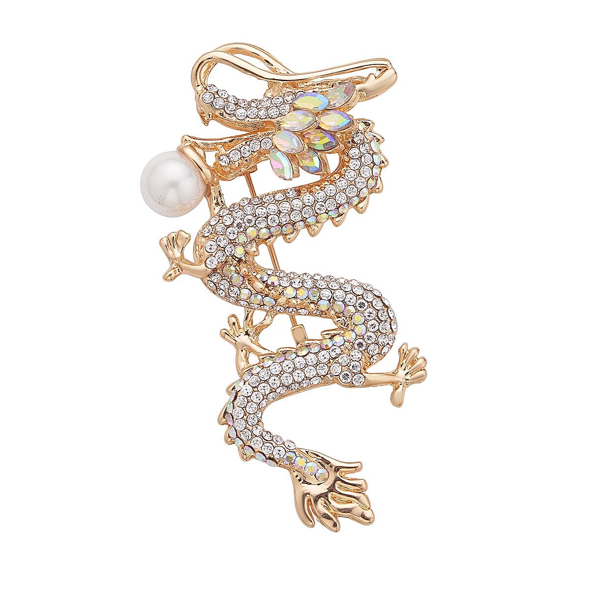 White Austrian Crystal and White Resin Dragon Pendant Necklace 28-30 Inches in Goldtone image number 4