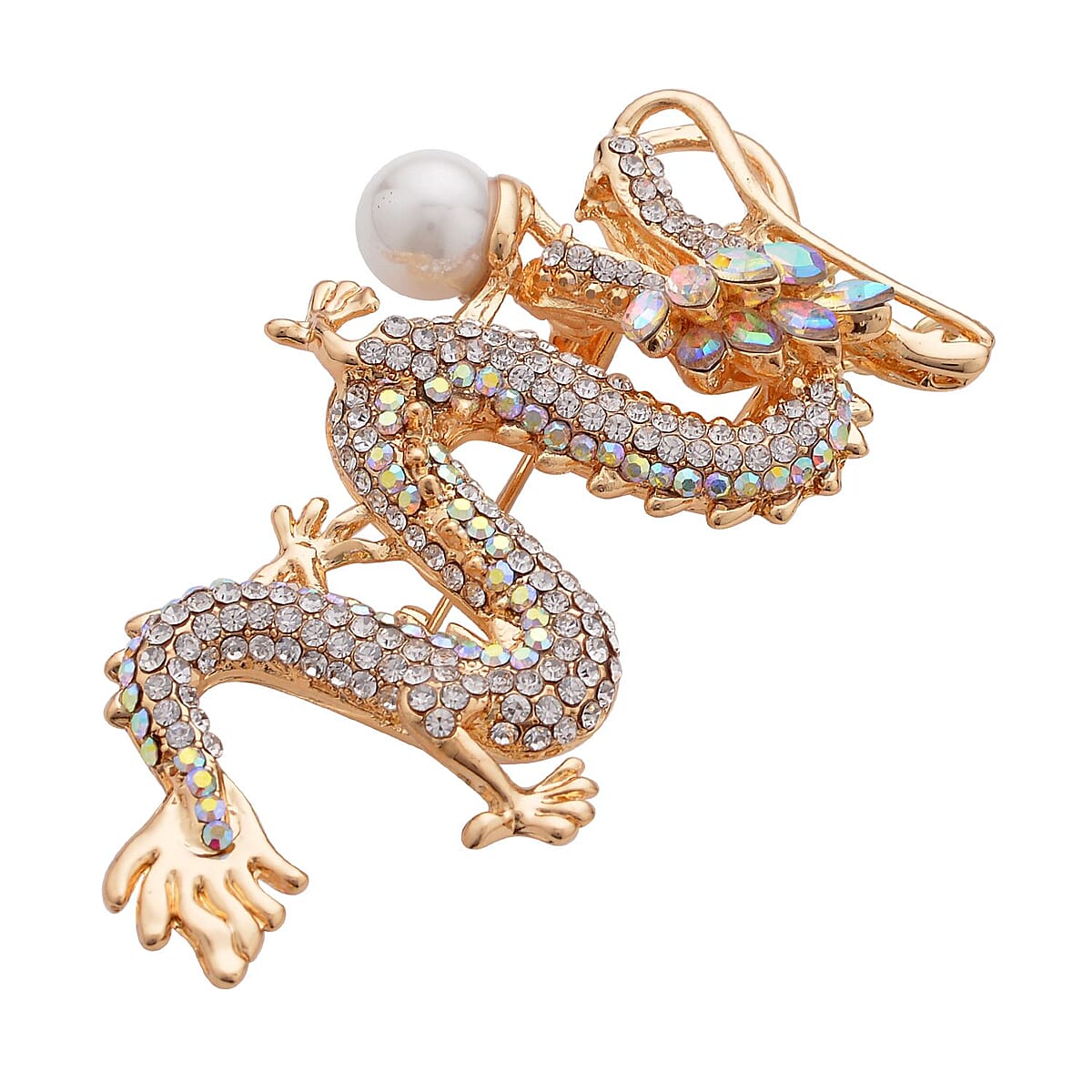 White Austrian Crystal and White Resin Dragon Pendant Necklace 28-30 Inches in Goldtone image number 5