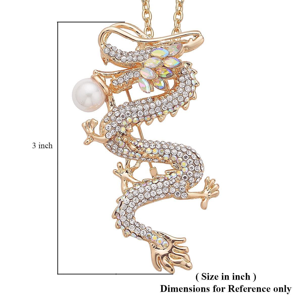 White Austrian Crystal and White Resin Dragon Pendant Necklace 28-30 Inches in Goldtone image number 6