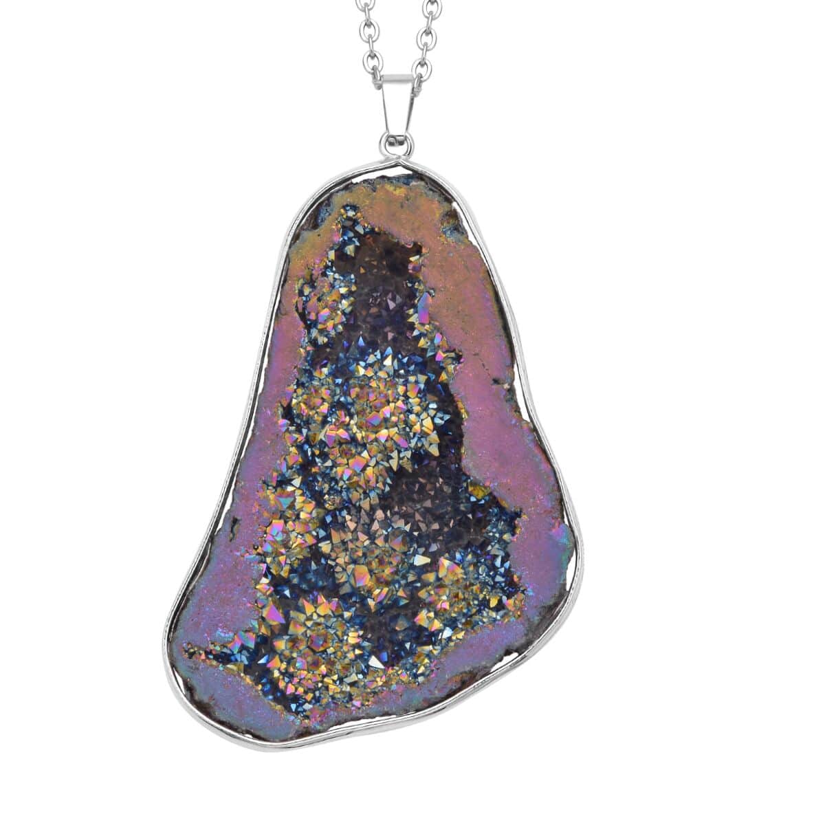 Magic Color Drusy Quartz Pendant Necklace 24 Inches in Silvertone & Stainless Steel image number 0