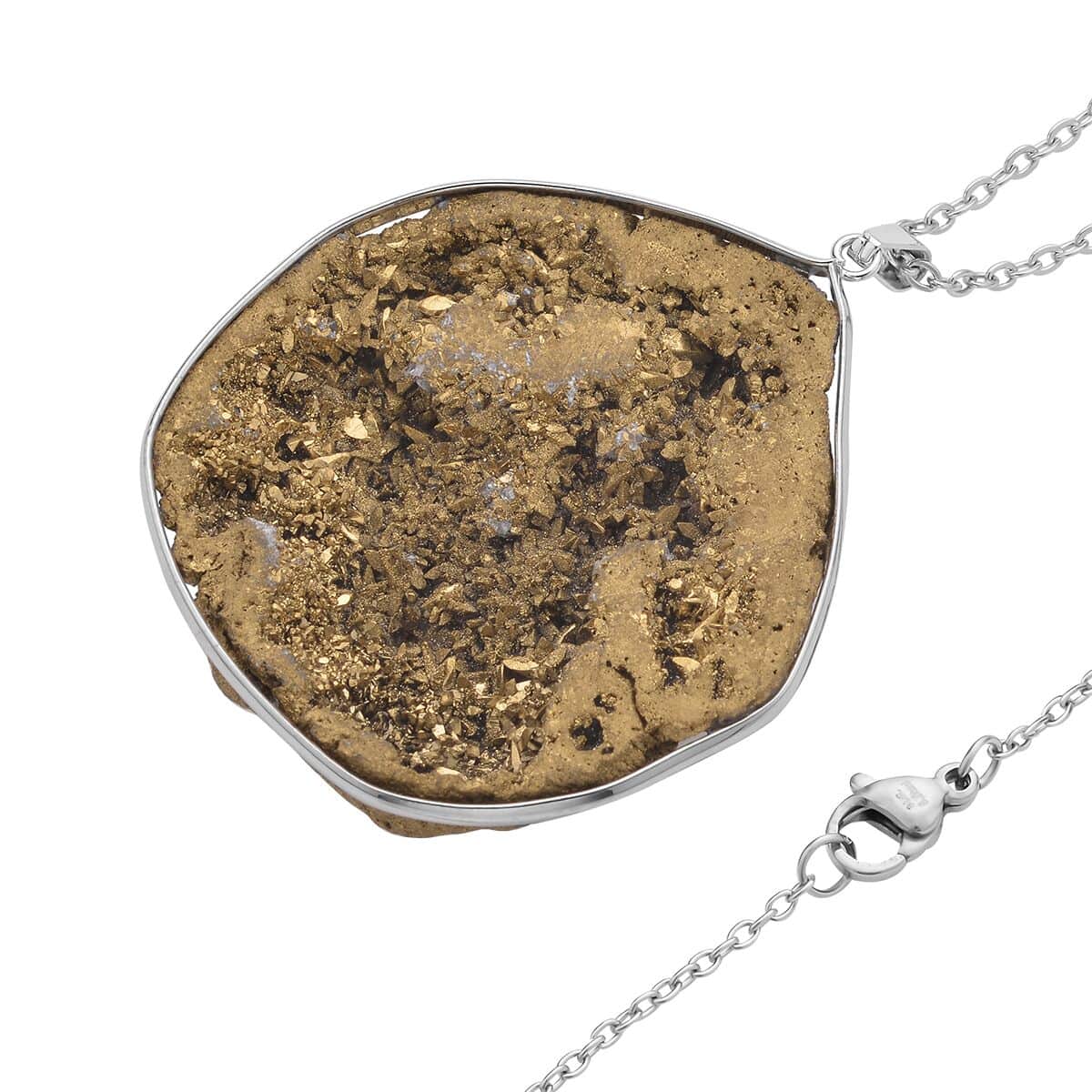 Golden Drusy Quartz Pendant Necklace (24 Inches) in Silvertone & Stainless Steel , Tarnish-Free, Waterproof, Sweat Proof Jewelry image number 3