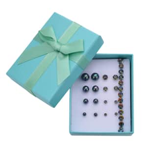9pcs Set - 4pcs Peacock Shell Pearl Earrings, 4pcs Multi Color Crystal Earrings and 1pc Bracelet (7.5-9.5In) in Silvertone & Stainless Steel , Tarnish-Free, Waterproof, Sweat Proof Jewelry