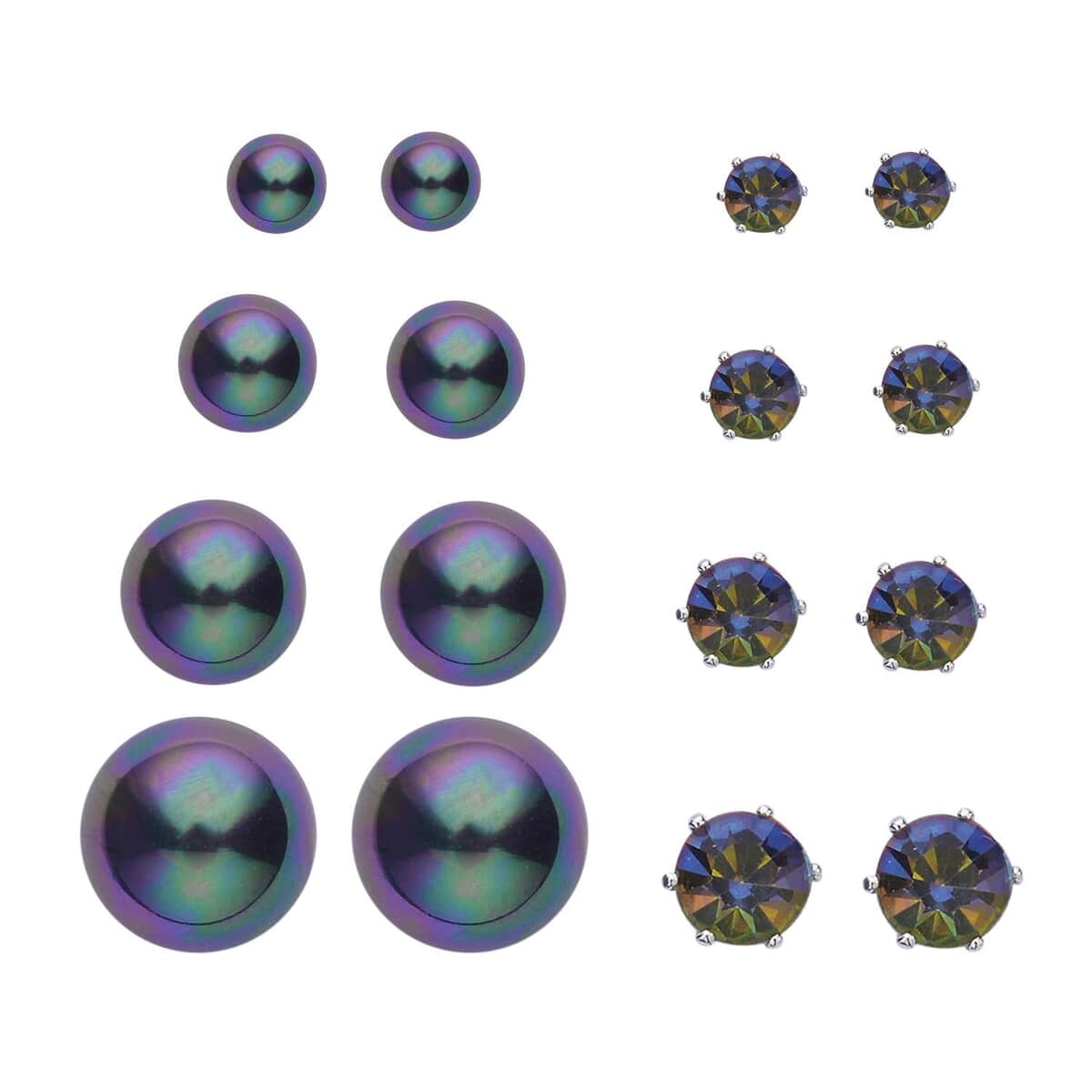 Doorbuster 9 Piece Set - 4pcs Peacock Color Shell Pearl Earrings, 4pcs Multi Color Austrian Crystal Earrings and 1pc Bracelet (7.5-9.5In) in Silvertone & Stainless Steel image number 3
