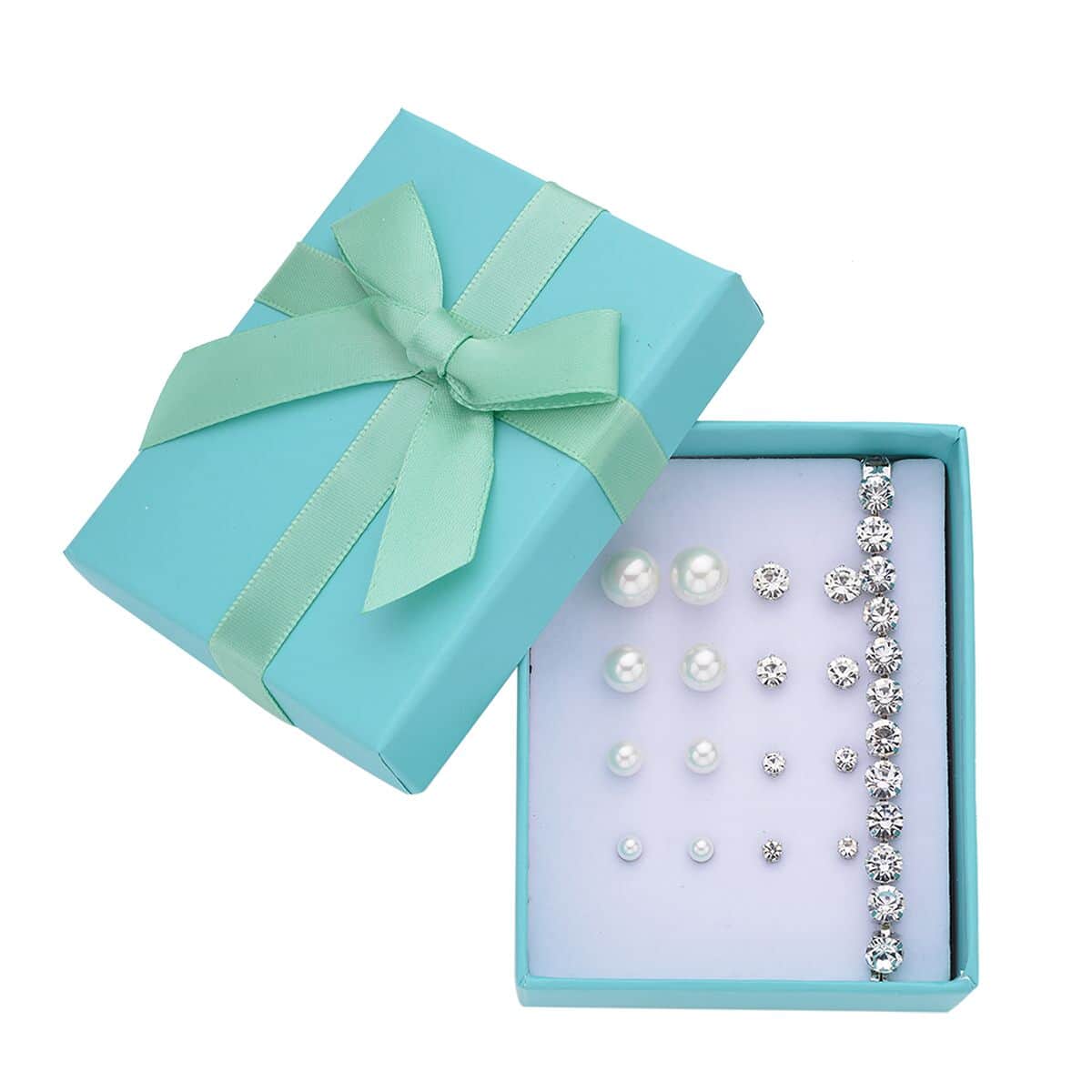 9pcs Set - 4pcs White Shell Pearl Earrings, 4pcs Crystal Earrings and 1pc Bracelet (7.5-9.5In) in Silvertone & Stainless Steel , Tarnish-Free, Waterproof, Sweat Proof Jewelry image number 0