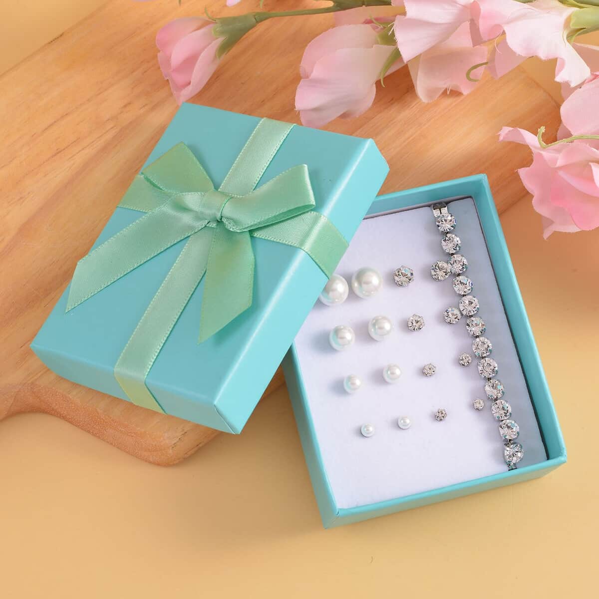 9pcs Set - 4pcs White Shell Pearl Earrings, 4pcs Crystal Earrings and 1pc Bracelet (7.5-9.5In) in Silvertone & Stainless Steel , Tarnish-Free, Waterproof, Sweat Proof Jewelry image number 1