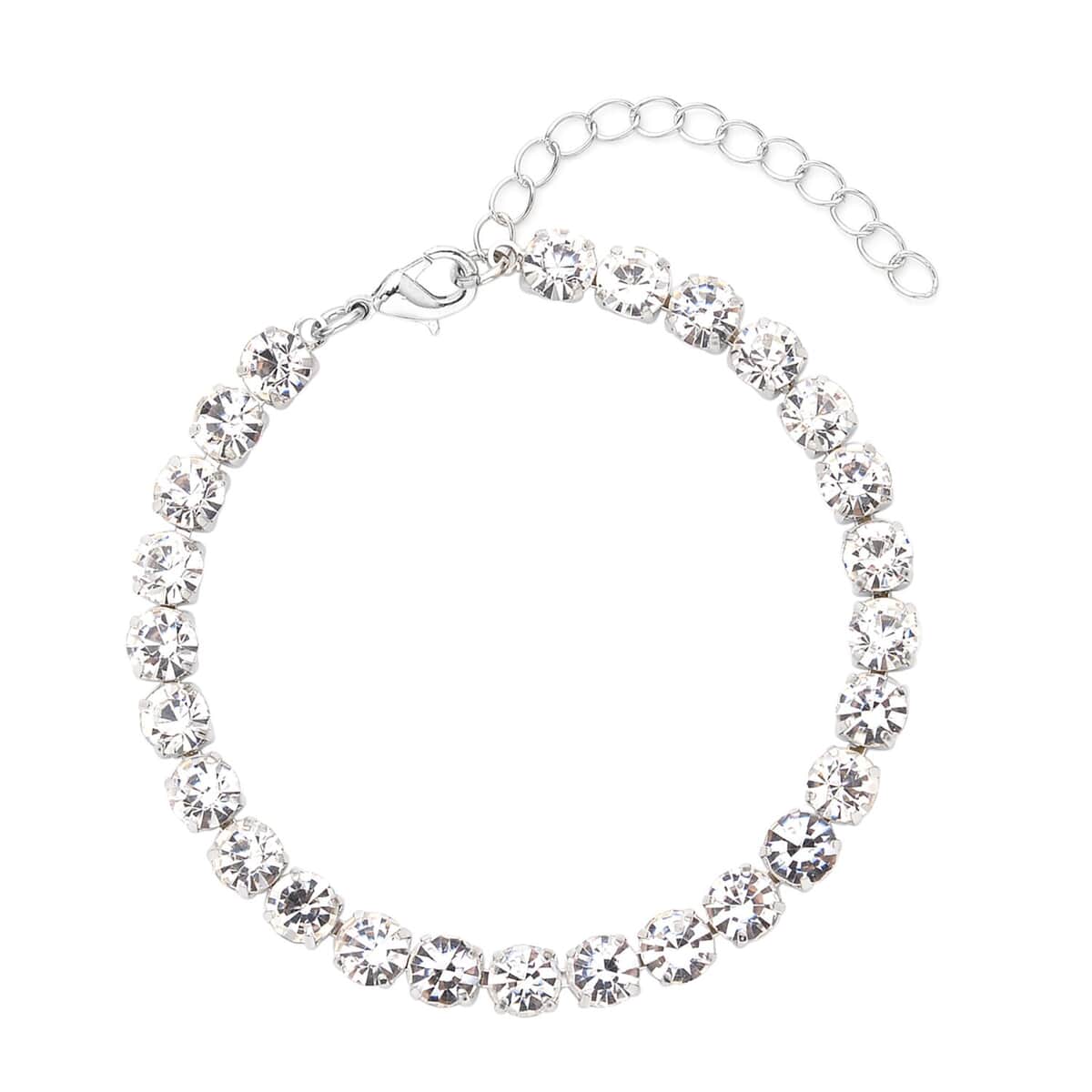9pcs Set - 4pcs White Shell Pearl Earrings, 4pcs Crystal Earrings and 1pc Bracelet (7.5-9.5In) in Silvertone & Stainless Steel , Tarnish-Free, Waterproof, Sweat Proof Jewelry image number 2