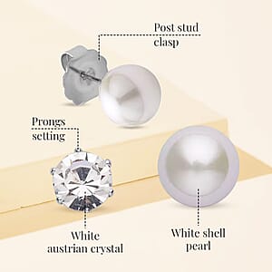 9pcs Jewelry Set - 4pcs White Shell Pearl Earrings, 4pcs Crystal Earrings and 1pc Bracelet (7.5-9.5 Inches) in Silvertone & Stainless Steel