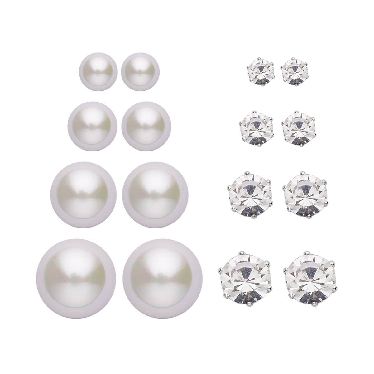 9pcs Set - 4pcs White Shell Pearl Earrings, 4pcs Crystal Earrings and 1pc Bracelet (7.5-9.5In) in Silvertone & Stainless Steel , Tarnish-Free, Waterproof, Sweat Proof Jewelry image number 3