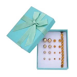 9pcs Jewelry Set - 4pcs Champagne Shell Pearl Earrings, 4pcs Champagne Crystal Earrings and 1pc Bracelet (7.5-9.5 Inches) in Goldtone & Stainless Steel
