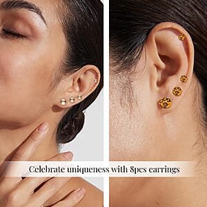 9pcs Jewelry Set - 4pcs Champagne Shell Pearl Earrings, 4pcs Champagne Crystal Earrings and 1pc Bracelet (7.5-9.5 Inches) in Goldtone & Stainless Steel