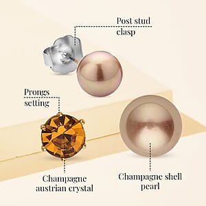 9pcs Jewelry Set - 4pcs Champagne Shell Pearl Earrings, 4pcs Champagne Crystal Earrings and 1pc Bracelet (7.5-9.5 Inches) in Goldtone & Stainless Steel